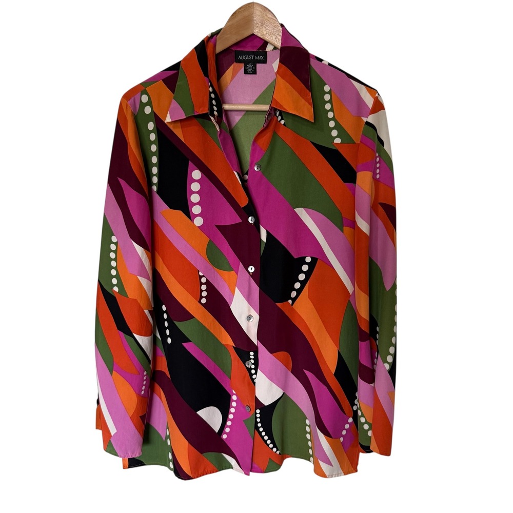 AUGUST MAX Womens Geometric Print Silk‎ Button Down Shirt Top Size 2
